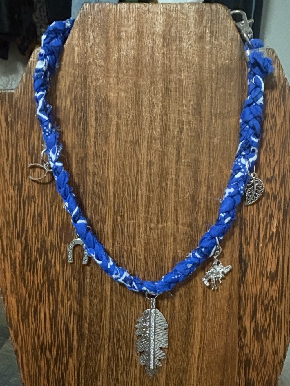 Handmade Blue and Silver Leaf Pendant Necklace with charms